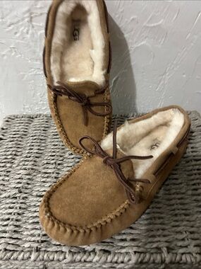 UGG Women’s Chestnut Brown Suede Moccasin Slippers with Shearling